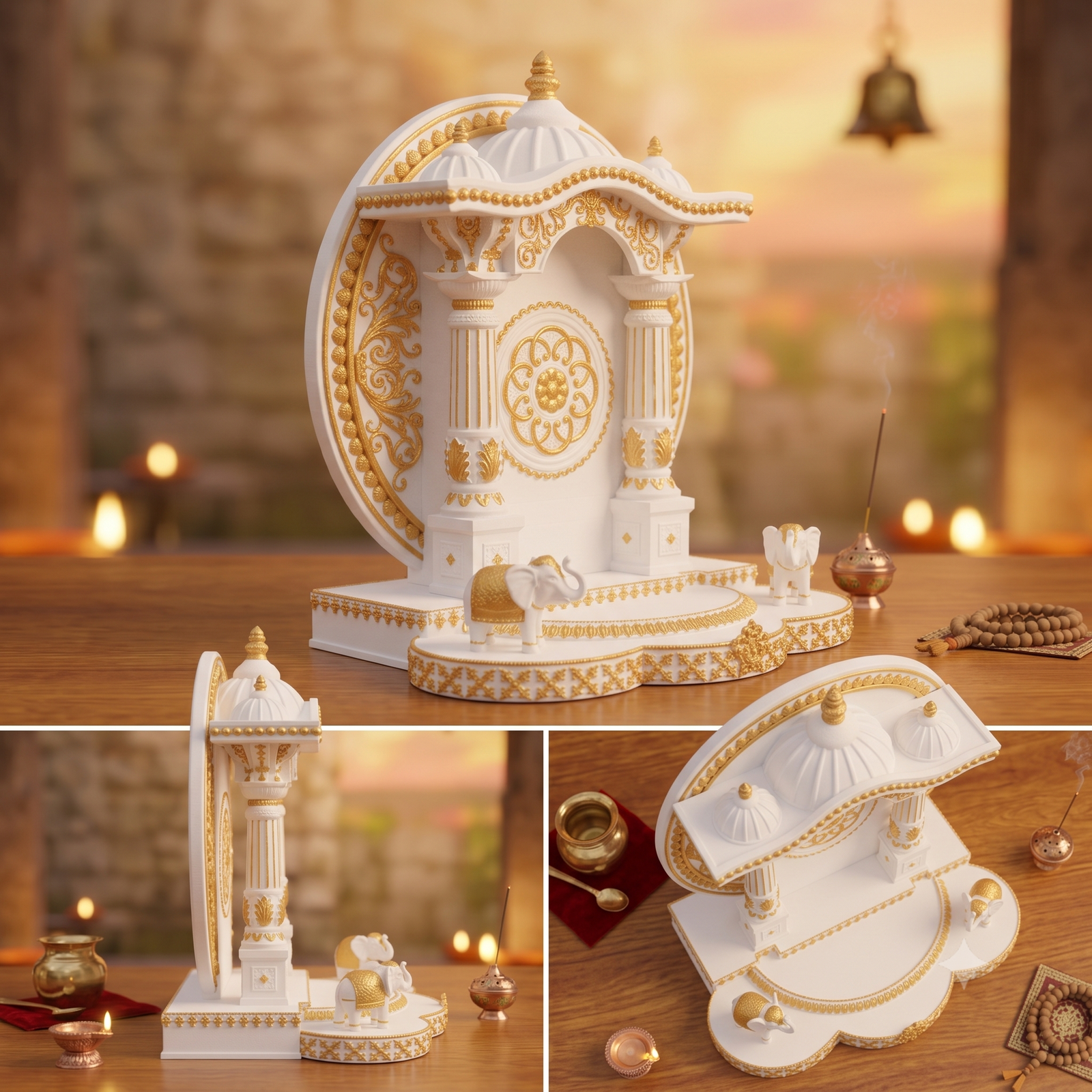 Premium White & Gold Mandir Sinhasan for God Idols
