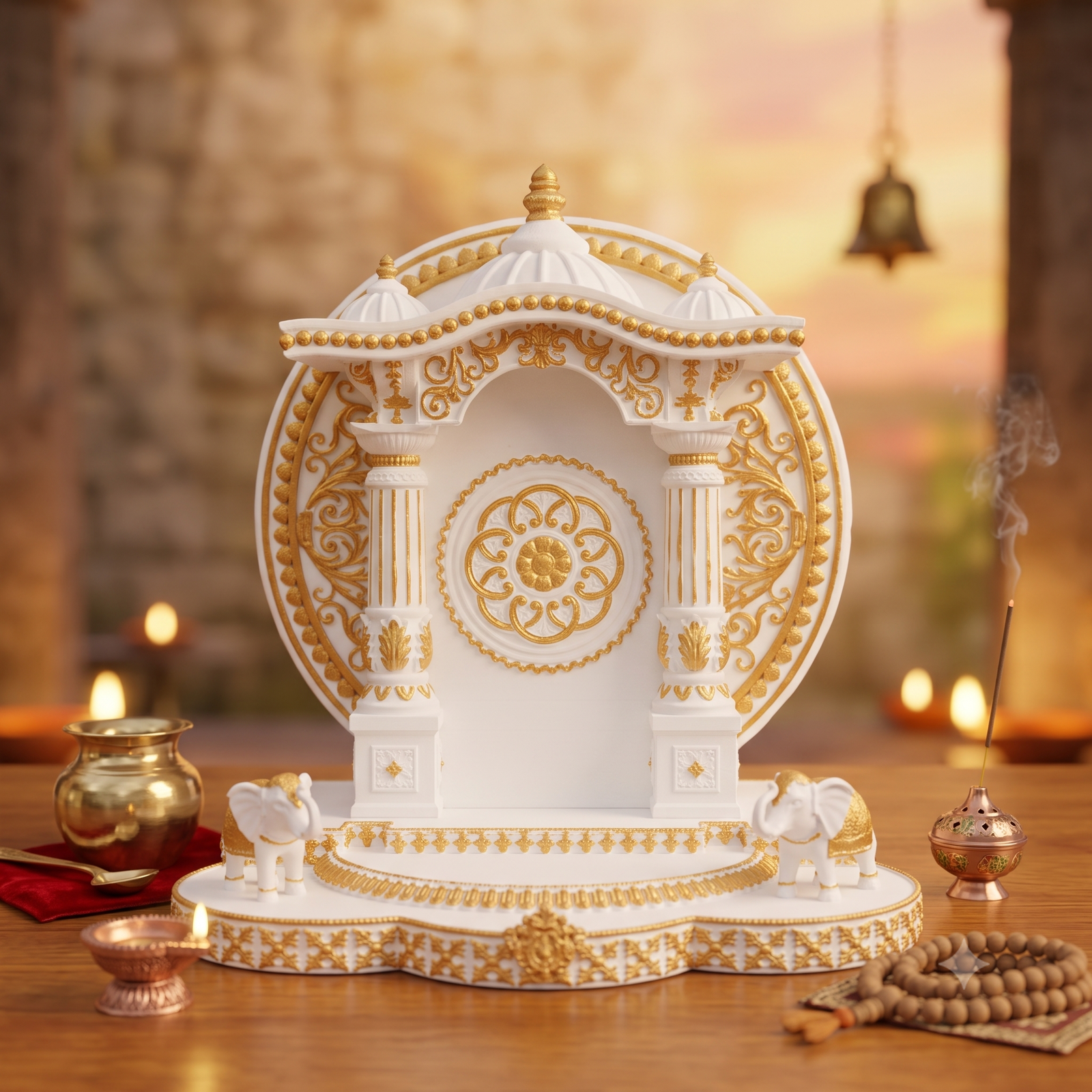Premium White & Gold Mandir Sinhasan for God Idols