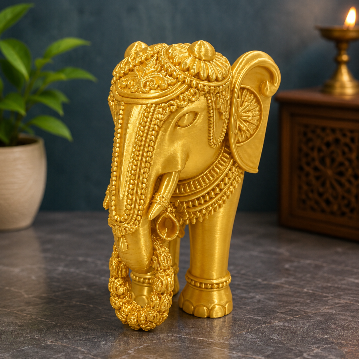 Royal Elephant with Flower Garland Decorative Showpiece
